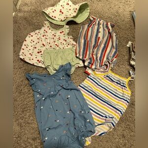 4 onesie dresses, one with reversible bucket hat- 3-6 month